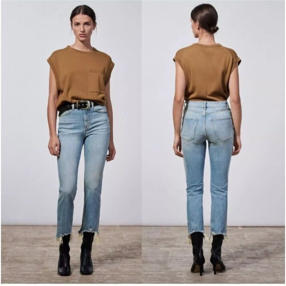 Zara Button Fly Raw Hem Retro Grunge Streetwear School Size 2 Jeans Medium Wash